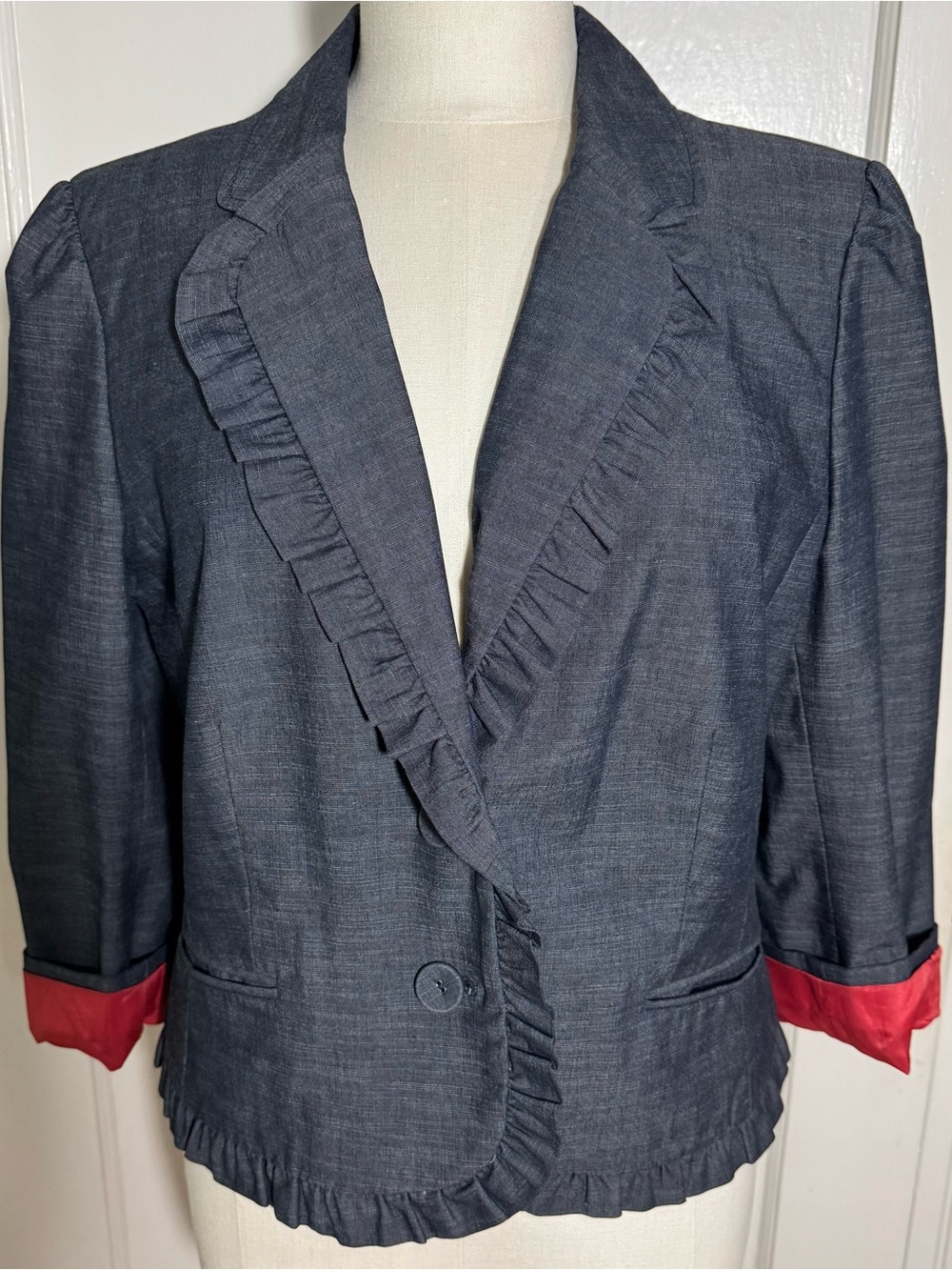 LOFT Navy Jacket with Coral Lining and Contrast Trim